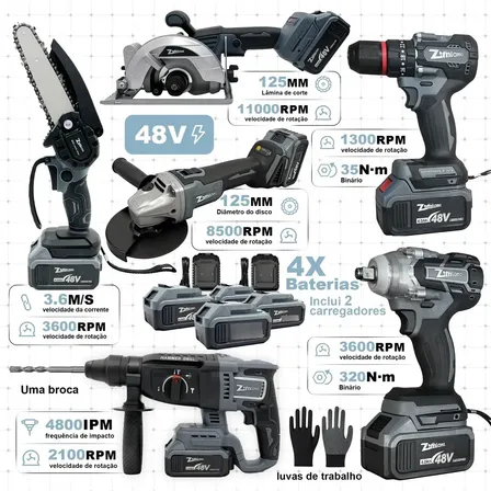 Kit Ferramentas Elétricas 6 Em 1 Profissional Com 4 Baterias