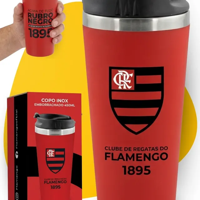 Copo Térmico Emborrachado Inox Com Tampa 450 Ml Futebol Flamengo