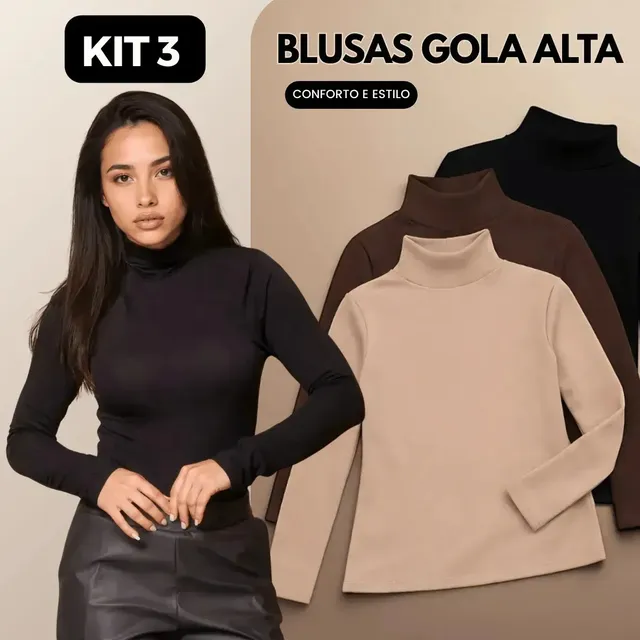 Kit 3 Blusas Feminina Cacharrel Gola Alta Manga Longa Casual