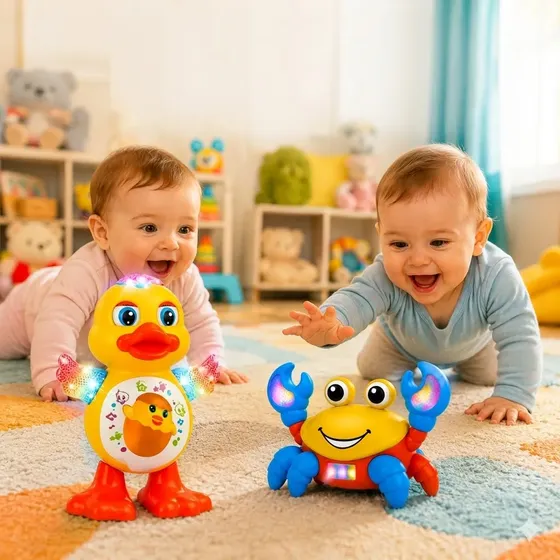 Kit Brinquedo Pato Dançante E Caranguejo Fujão Som Movimento