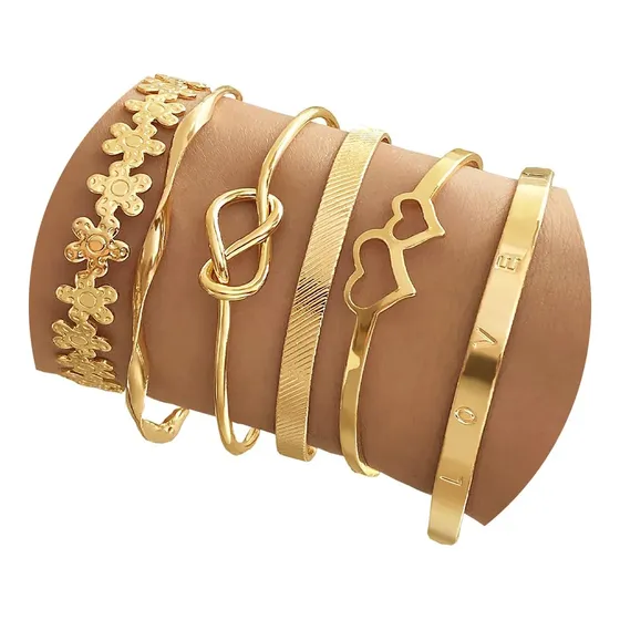 Conjunto De 6 Pulseiras Femininas Banhadas A Ouro 18k Luxo