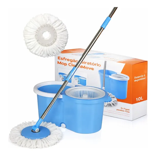 Esfregão Mop Azul Giratório 360° Cabo Inox Extensor 10l