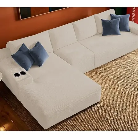 Sofá Evo. 3,40m Molas Ensacadas Com Chaise Esq. Cama Inbox Creme Liso