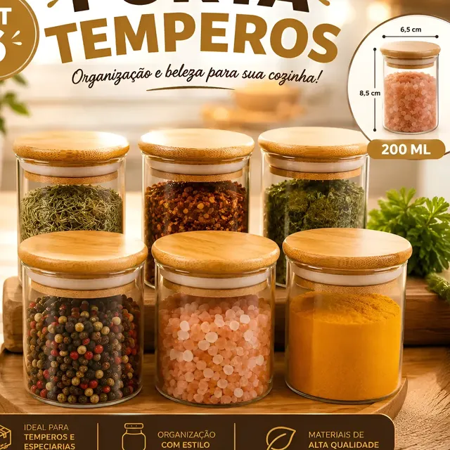 Kit 6 Pote Vidro Porta Temperos Hermético Cozinha Organiza V