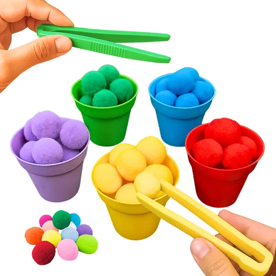 Kit Montessori Coordenação Motora Jogo Potes Pompons Pinça
