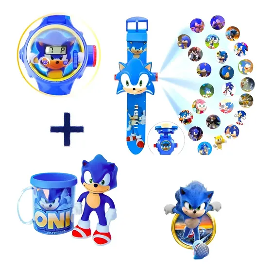 Kit Sonic Relógio Projetor + Boneco + Caneca Personalizada Azul