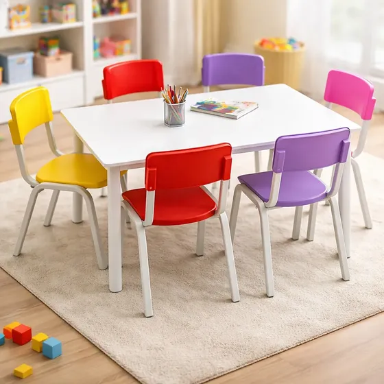 Jogo Mesa Infantil 120x70 Igreja Creche Com 6 Cadeiras