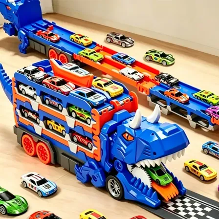 Caminhão Dinossauro Pista Com 6 Carrinhos Maleta Transporte Azul