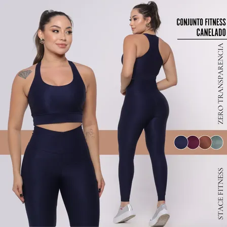 Conjunto Fitness Canelado Calça Legging Top Blackout Treino