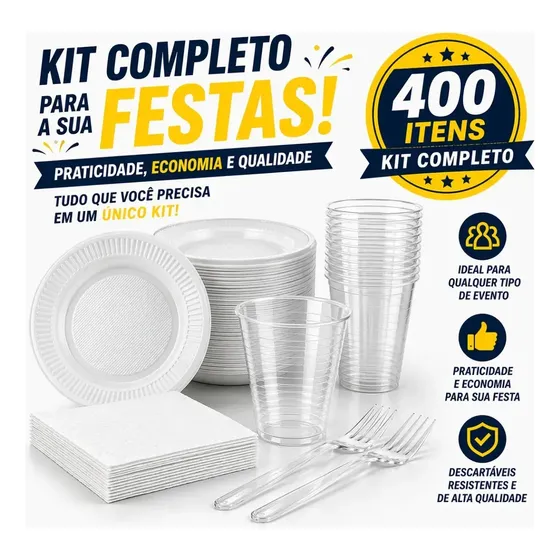 Kit Festa Descartável 400 Itens Copo Prato Garfo Guardanapo