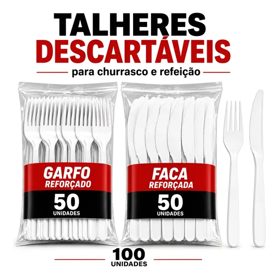 Kit 50 Garfos 50 Facas Descartáveis Churrasco Reforçados