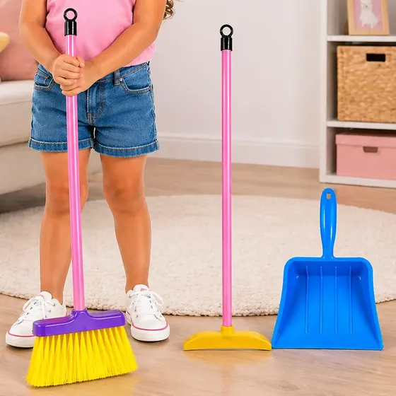 Kit Limpeza Infantil Vassoura Rodo Pá Brinquedo Cozinha 3pçs