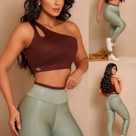 Conjunto Fitness Top Nula Manga E Calça Academia Bicolor