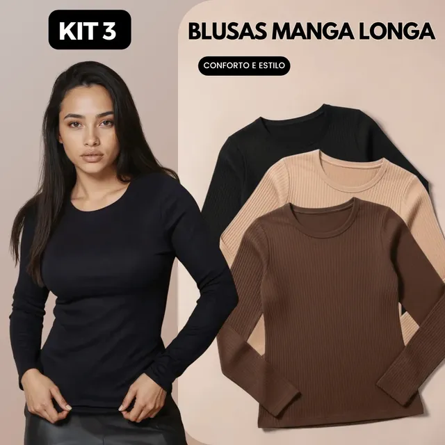 Kit 3 Blusas Manga Longa Segunda Pele Canelada Básica Casual