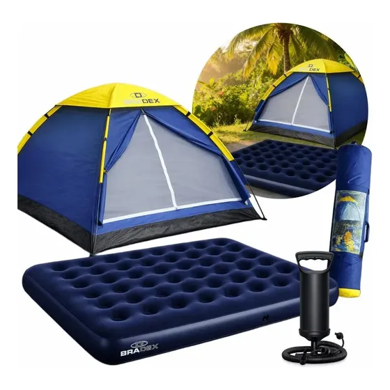 Barraca 4 Pessoas Camping Acampamento Colchão Casal + Bomba