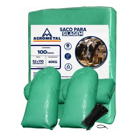 Saco Silagem Verde 100 Un 52x110cm C/abraçadeiras Agrometal