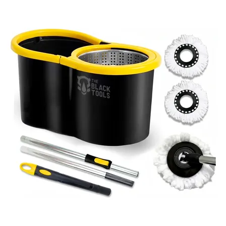 Mop Esfregão Giratório Balde Inox 8l Cabo 140cm C/ 2 Refis Preto E Amarelo