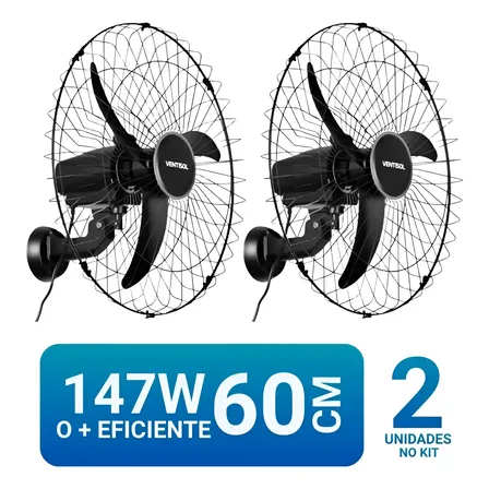 Kit 2 Ventilador Ventisol 60cm 147w Osc Parede Grade Aço 60 Cm 60 Hz Preto 220v Plástico 3