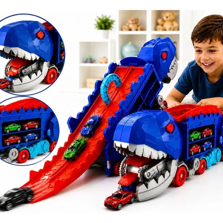 Caminhão Dinossauro Cegonha Pista Devorador De Carros Rampa Azul