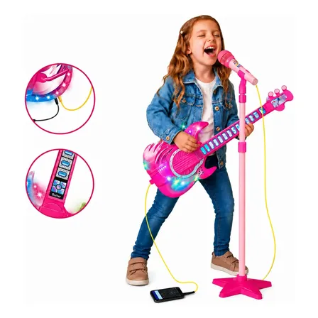 Guitarra Infantil Rosa Com Microfone Luzes Conexão Mp3 Organ