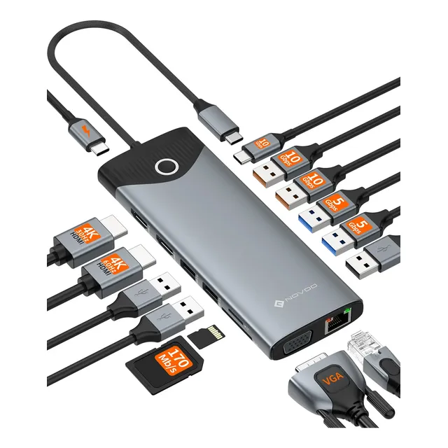 Novoo Adaptador 15 Em 1 Hub Usb C Hdmi 4k Vga 10gbps Usb 3.2 Cinza