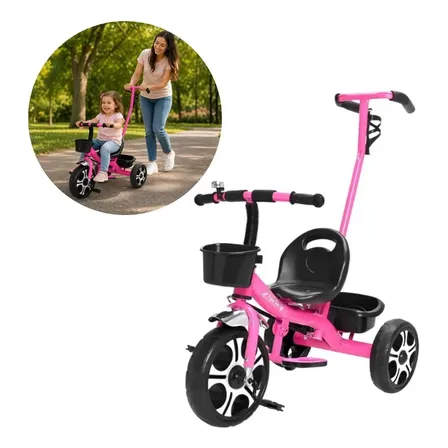 Triciclo Infantil Com Empurrador E Cestinha - Escolha Cor Rosa