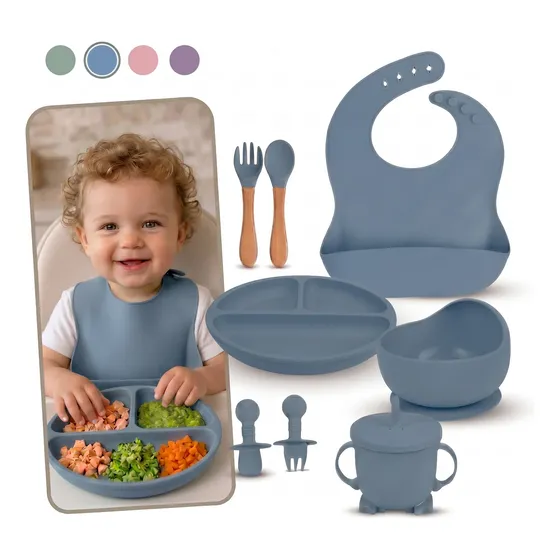 Kit Introdução Alimentar Infantil Silicone 8 Peças Livre Bpa Azul