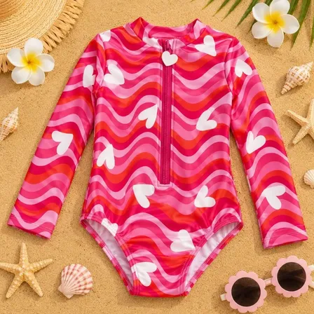 Maiô Infantil Menina Uv50+ Praia Verão Manga Longa Forrado Pink Coração Branco 10