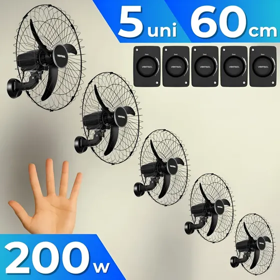 Kit 5 Ventilador Parede 60cm Osc Ventisol Bivolt Industrial