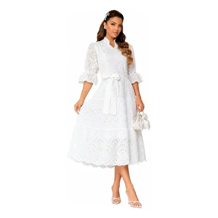 Vestido Midi Laise Elegante Forrado Manga Bufante Faixa Cult Branco 46