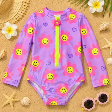 Maiô Infantil Menina Uv50+ Manga Longa Praia Piscina Zíper Margarida Smile Lilas 12