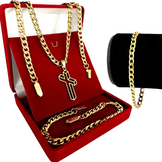 Kit Grumet Cordão Banhada A Ouro 70 Cm + Pulseira E Pingente