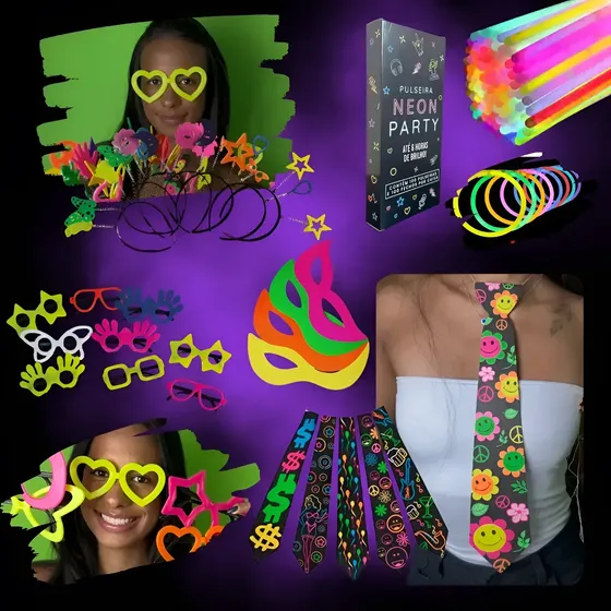 Kit Balada Festa 140 Neon Led Óculos Tiara Gravata Pulseira