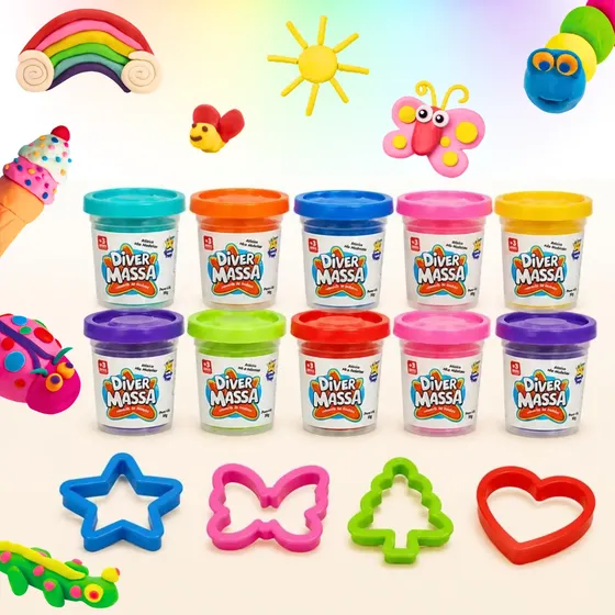 Kit 10 Massinhas Modelar + Moldes Brinde Coloridas Infantil