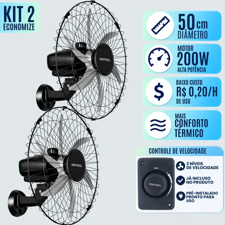 Kit 2 Ventilador Parede 50cm 6pás Preto Ventisol Bivolt 200w 50 Cm 50 Hz/60 Hz Preto 127/220v Cinza Plástico 6