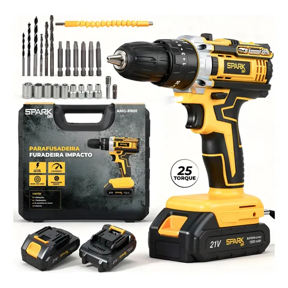 Parafusadeira Furadeira Sparkbr 21v Com 2 Baterias + Maleta