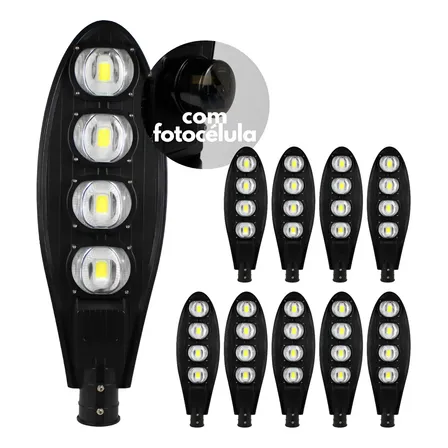 Kit 10 Luminária Led Cob 200w Iluminação Publica Fotocélula