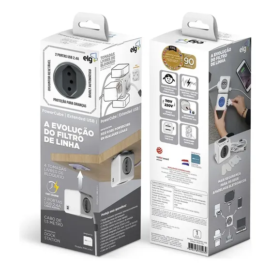 Filtro De Linha Power Cube Elg 4 T 10a, 2 Saida Usb-a 1,5m