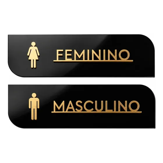 2 Placas Banheiro Wc Acrílico Preto Dourado Femin Masculino