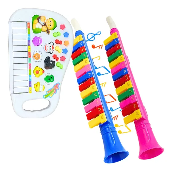 Kit Piano Teclado Infantil Musical Fazendinha Guitarra Bebe