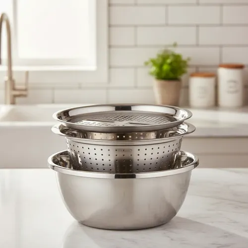 Kit 3 Em 1 Bowl, Escorredor Macarrão E Ralador Inox