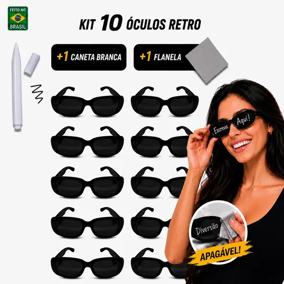 Kit 10 Óculos Festas Retro Preto + Caneta Branca + Flanela