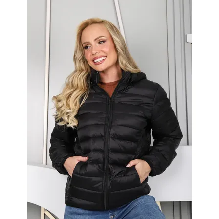 Jaqueta Feminina Bobojaco Impermeável Puffer Capuz Removível Preto P