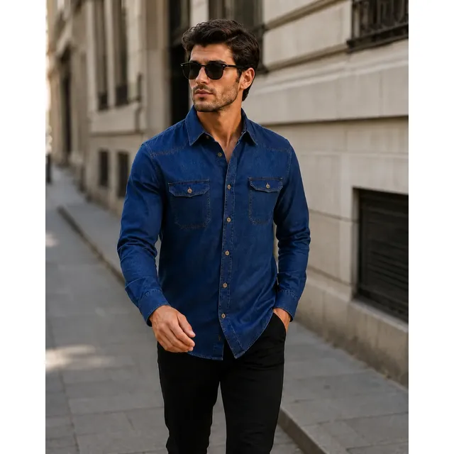 Camisa Jeans Masculina Social Slim Manga Longa