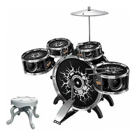 Bateria Infantil Rock Party Preta Com Banquinho Banqueta Pr