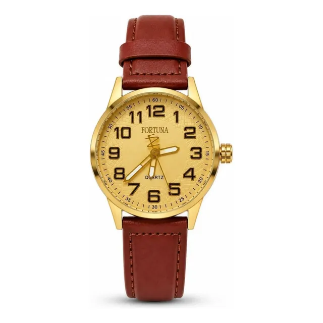 Relógio De Pulso Masculino Fortuna Old Money Minimalista Marrom Cx Dourada