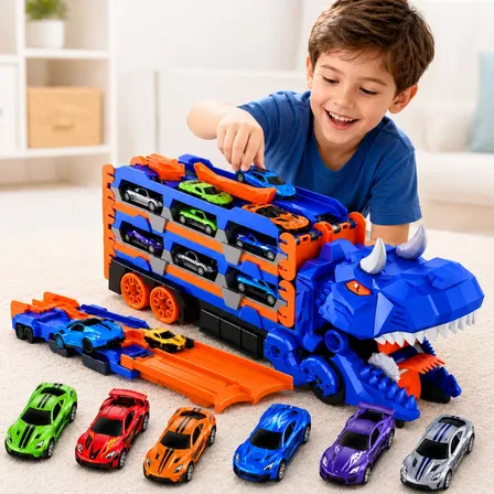 Caminhão Dinossauro Lançador Infantil De 6 Carrinhos Azul