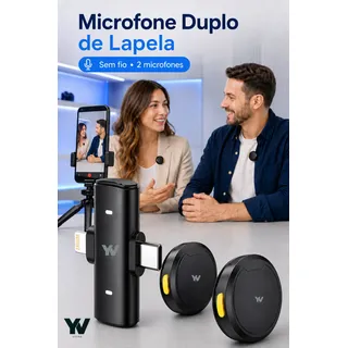 Microfone Lapela Duplo Sem Fio Anti Ruído iPhone E Tipo C Preto