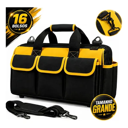 Bolsa Mala Maleta Ferramentas Lona Fundo Reforçado 16 Bolsos Amarelo