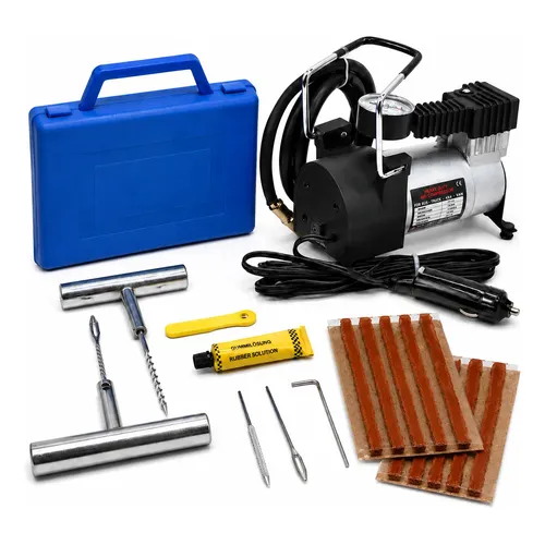 Kit Compressor Portátil 12v + Kit Reparo Maleta Profissional Cinza 12v